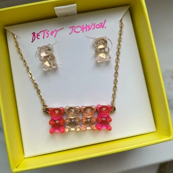 Betsey Johnson Gummy Bear Earrings & Necklace Pink and clear - Picture 4 of 4